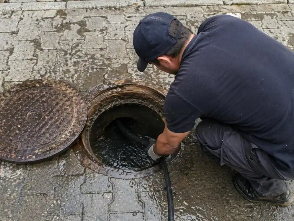 Technicien effectuant un curage de canalisation à Bruxelles dans un regard d’égout